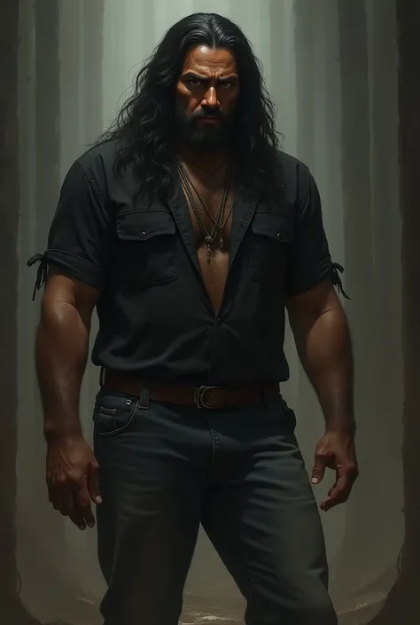 Create a 1970s style dark fantasy image of a man of indigenous descent with long dark hair that reaches his butt, brown eyes, wearing a black shirt and jeans. His body is large and naturally muscular, and he is two meters tall. No beard, just dark circles ...