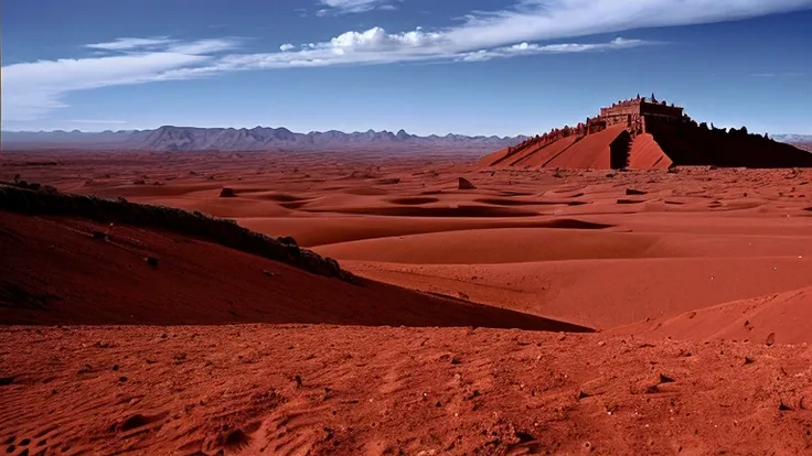 a red sand desert, ruins of an ancient city, sun high in the sky, a soldier walks from behind, a red sand mountain in the distance, H.R. Giger, realistic, a blue planet in the sky