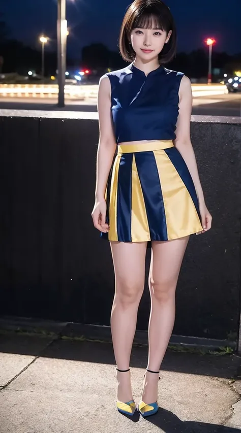 become close,Sharp lines,highest quality, masterpiece、Night Parking、Dark Light、Canon Photo Crystal Clear ,（Realistically:1.2）, (Blue and yellow striped mini skirt dress)、Action pose、Take a full body photo、Lazy smile、Gorgeous appearance、Bobcut