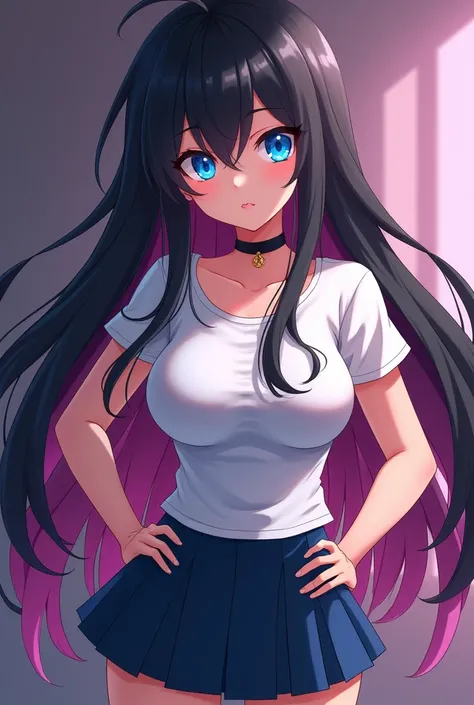 The anime girl has long black hair, with pink highlights on the sides. His eyes are big and expressive., Bright blue in color. He wears a white shirt with short sleeves and a round neck., that fits your body smoothly. You can see her nipples on her shirt.....