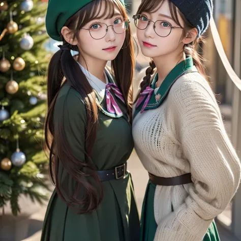 photo realistic, photo realistic, twintail braid blueandpink hair, beret, glasses church twins adultwoman sisters black eyes, longsleeve greenuniform, greenberet greenskirt cape girlscout korean sash belt neckerchief meritbadge skillrange backpack snow chr...