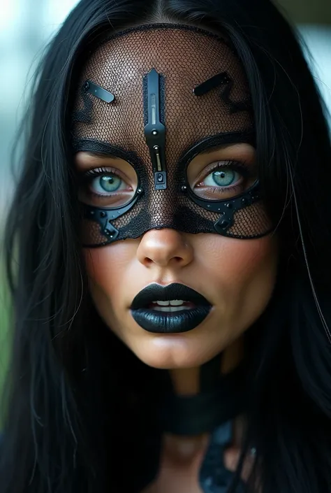 A photograph of a front face In American shot of a beautiful woman with perfect measurements like Anjelina Jolie but very dark with a metal cyber mask, her hair is black and her eyes are blue. Long hair, Hair between eyes, blush, make-up, Heterochromia,, B...