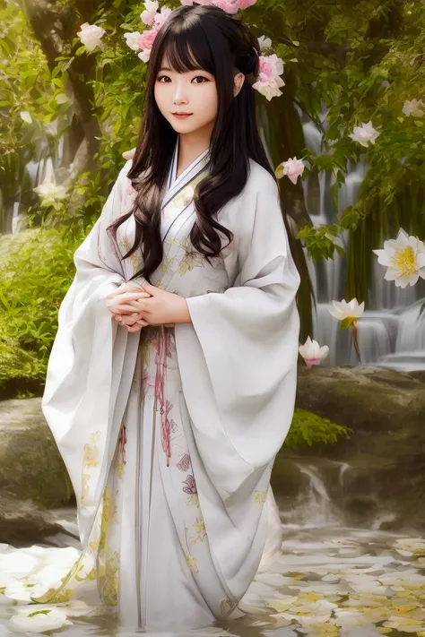 lute、smile、waterfall、lake、Beauty、The body is facing forward、looking at the camera、Hands folded in front of you、God with a golden background々It emits a bright light、
Vivid、Kimono、Decorations、Long Hair、Wind、Lotus flower、White Snake、halo、Digital Art、The light...