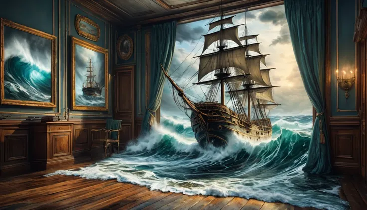 8K, UHD, HDR, intricate details, photograph, realistic, highly detailed,

An oil painting depicting a ship on a turbulent ocean. Water pours from the painting into the room and onto the floor.

Fantasy style. Fantasy dreamlike art. Surreal Harmony. Un nauf...