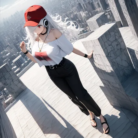 Lovely woman, Loose and fashionable (Loose black and white off-shoulder T-shirt layered, White and red baseball cap worn sideways、Hide one eye。, Loose black pants, sandals, Black belt, Black wristband), Big star pendant, White headphones hanging around nec...