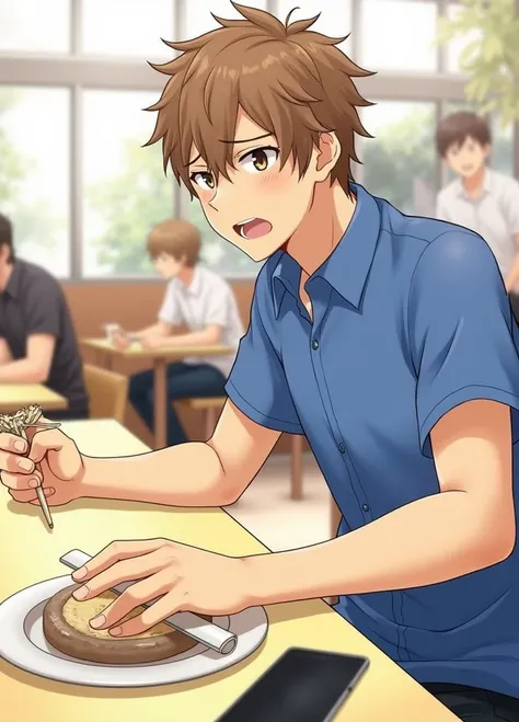 The image depicts a young man in a school or university cafeteria environment, where the atmosphere is relaxed and casual. the young, who has light brown hair and is wearing a blue shirt, seems to be in a moment of intense concentration. He is sitting at t...