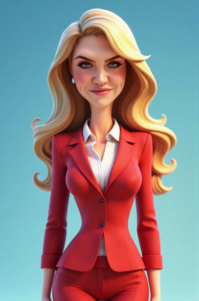 Disney pixar character, 3d render style, a woman wearing a red suite white shirt, facing the camera, blue gradient background,hear yellow