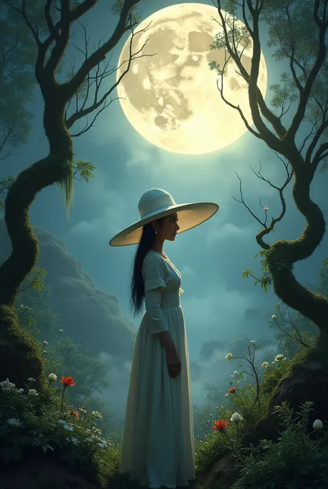 create image of full moon in an Andean forest with an indigenous woman with white hat