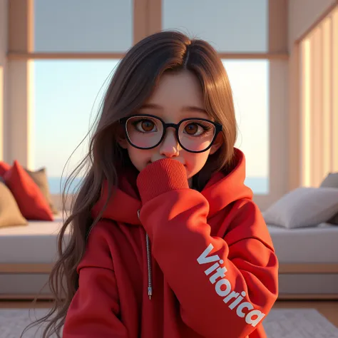 A mesmerizing surreal portrait of a young girl named Vitoria, with long, brown hair parted in the middle and expressive brown eyes. She dons adorable glasses and a striking red hoodie with her name emblazoned on the sleeve. Playfully covering her mouth wit...