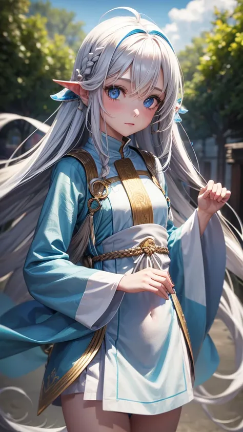  girl with long white wavy hair, blue eyes and small waist Long tunic 