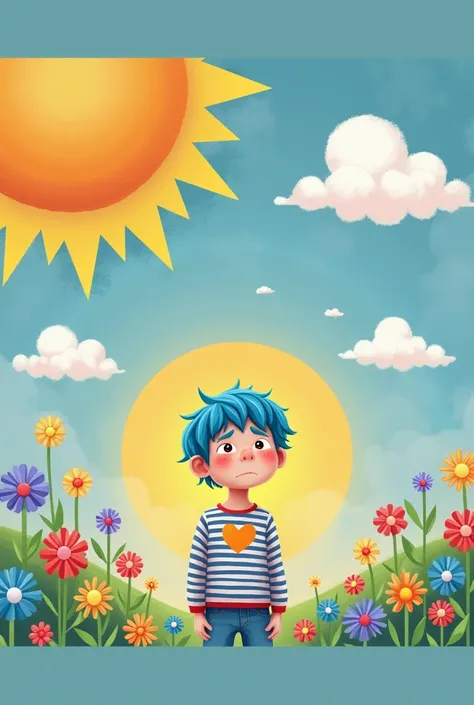 vibrant flowers, happy child with blue hair, striped shirt with heart, standing, upset expression, playful illustration style A stressed child with blue hair standing, meditating in a garden full of vibrant flowers, white background