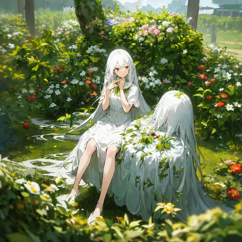 (masterpiece, best quality),1girl with long white hair sitting in a field of green plants and flowers, her hand under her chin, warm lighting, white dress, blurry foreground