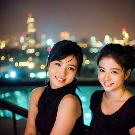 two smiling girls、night view in the background、one girl、black hair ponytail、he&#39;wearing a red hoodie、the letter r is written....