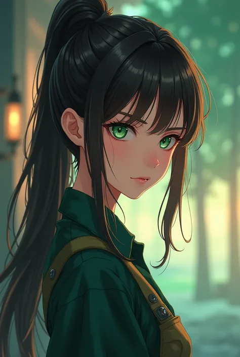 Generate an anime character with long brown hair tied up small scars on the face and with moss green eyes and 1,63 tall