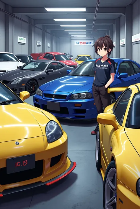 White nissan silvia,blue nissan skyline r32,black bmw m8,yellow toyota supra,yellow lamborghini,a girl with nfl jersey,angarage text on jersey,anime,manga