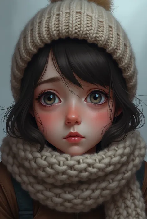 Brunette girl with a cold and runny nose with a scarf around her neck and a wool hat and a cough, the views of it from below