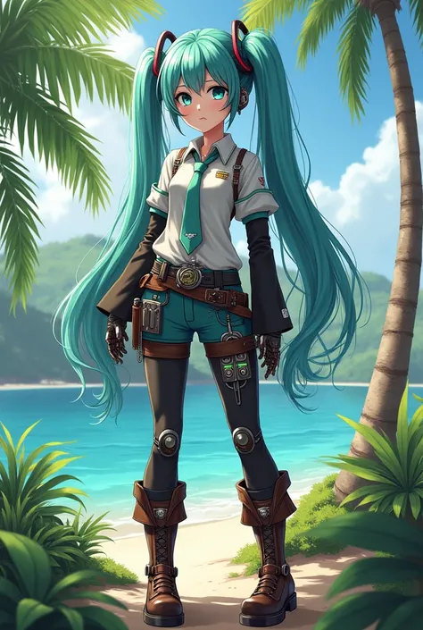 Hatsuni Miku Half Robot Wearing Clothes (of a pirate without a hat) on an island