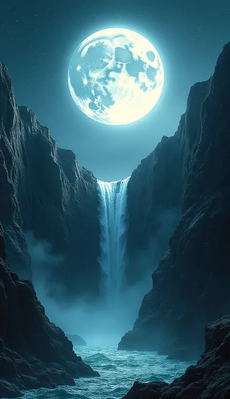 The image is a digital art piece that appears to be a photograph of a large, full moon rising in a rocky cliff. The moon is in the center of the image, with a bright white light emanating from it. The cliff is ecatlly under the moon is steep and jagged, wi...