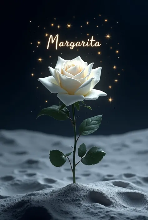 Image of a white rose mounted on the moon with sparkles in the shape of little stars and the name Margarita