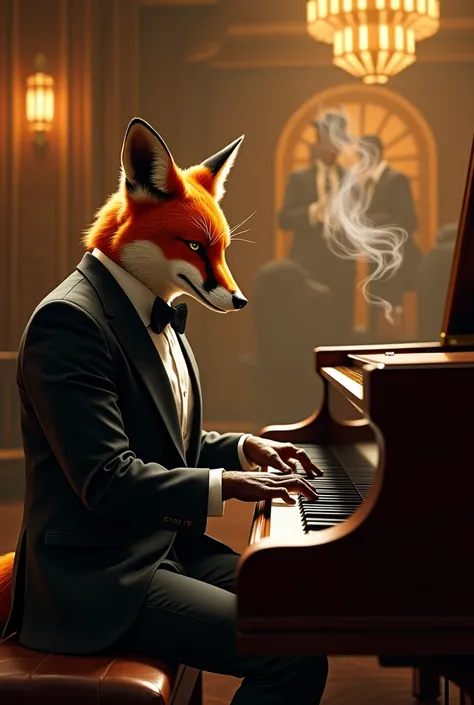 An anthropomorphic fox playing the piano in a jazz club, Art Deco style