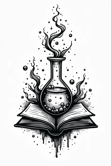 A vibrant tattoo design featuring a stylized chemical flask pouring elements into an open book, symbolizing the fusion of chemistry and education. in black and white