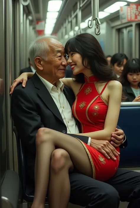 in a crowded subway car, a captivating scene unfolds. an 80-year-old japanese man sits on one of the few available seats, his small frame contrasted by the tall, young chinese woman perched on his lap.

the woman is stunningly beautiful with flawless porce