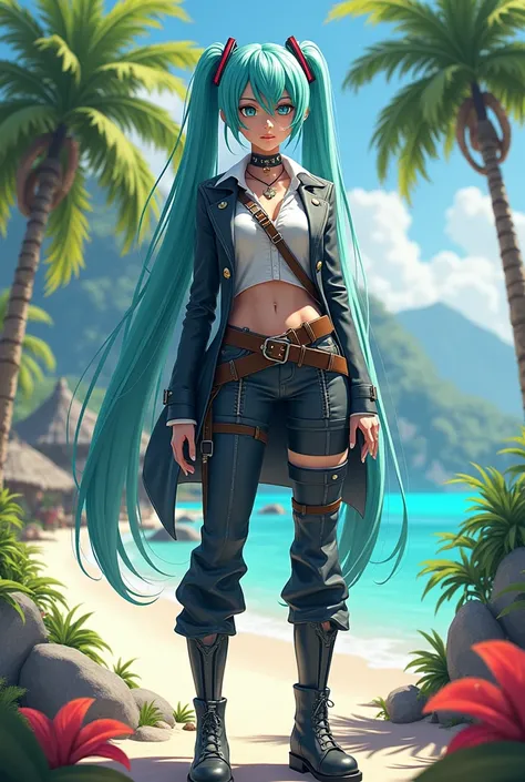 hatsuni miku *half robot* wearing clothes (of a pirate without a hat) on an island