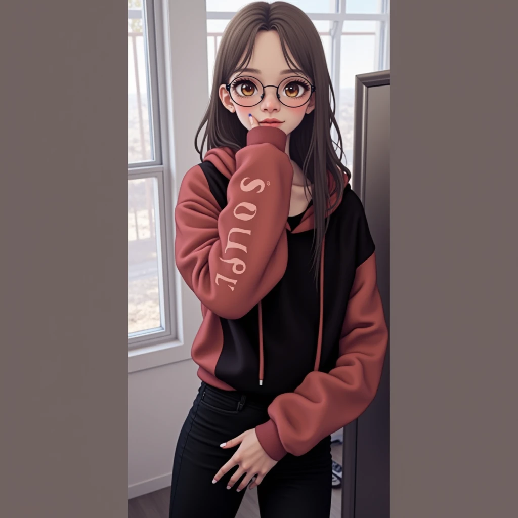 A mesmerizing surreal portrait of a young girl named Vitoria, with long, brown hair parted in the middle and expressive brown eyes. She dons adorable glasses and a striking red hoodie with her name emblazoned on the sleeve. Playfully covering her mouth wit...