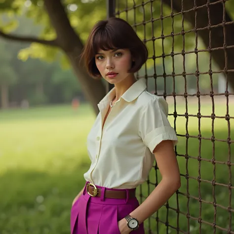 A young beautiful girl, short brown hair, mira seria a la cámara, sin escote, ropa estilo de los 70s,white short-sleeved blouse, reloj de metal en la muñeca, magenta pink pants, pantalón acampanado, de pie, leaning on a wire mesh, behind the mesh there is ...