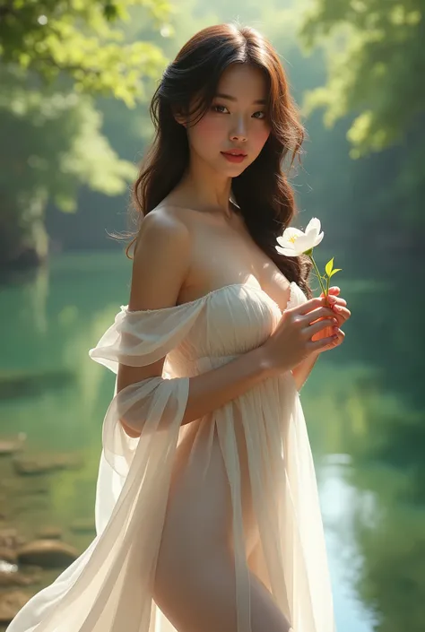 A very sexiest and very beautiful girl 1 with white best big breast stands by a serene river, her serene demeanor complemented by a soft, she very sexiest and smile very attractive, show sexiest white big breast, super sensual, flowing transparent dress th...