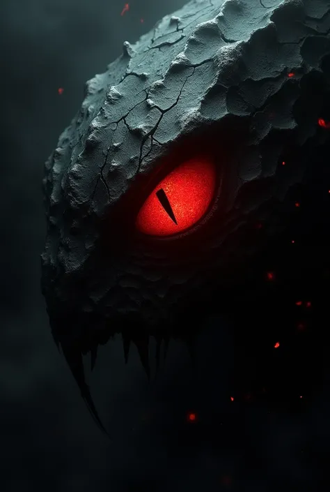 "A sinister, glowing red eye with dark, smoky shadows swirling around it. The eye should have reptilian or demonic features, with a slit-like pupil that glows menacingly. Surrounding the eye, cracked and decayed textures give a sense of ancient evil. The b...