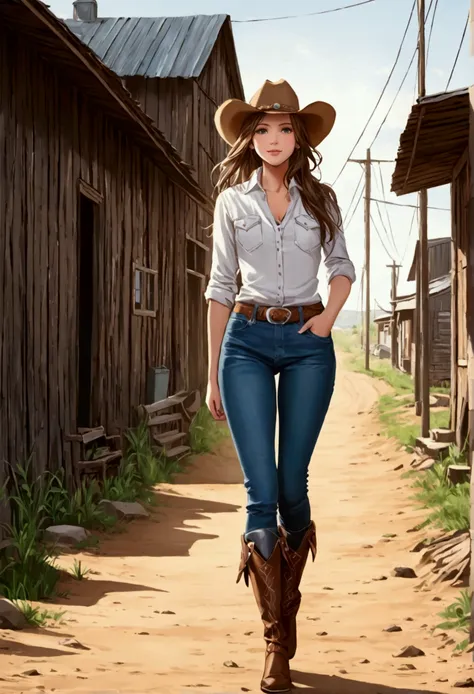 country woman walking on the dirt road in the rural town, cowgirl, cowgirl, cowboy hat, skirt, leather boots, jeans, inner city.