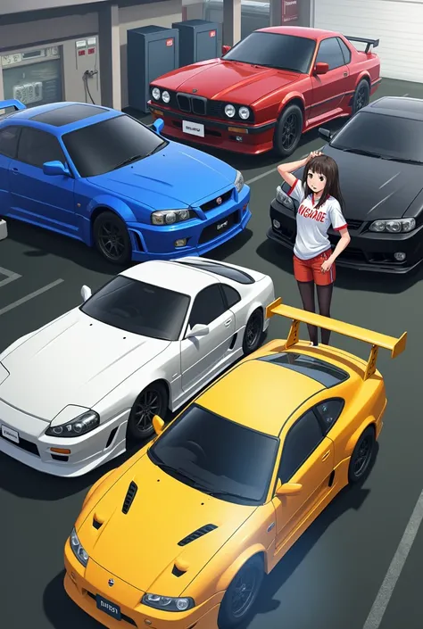 White nissan silvia,blue nissan skyline r32,black bmw m8,yellow toyota supra,yellow lamborghini,a girl with nfl jersey,angarage text on jersey,anime,manga