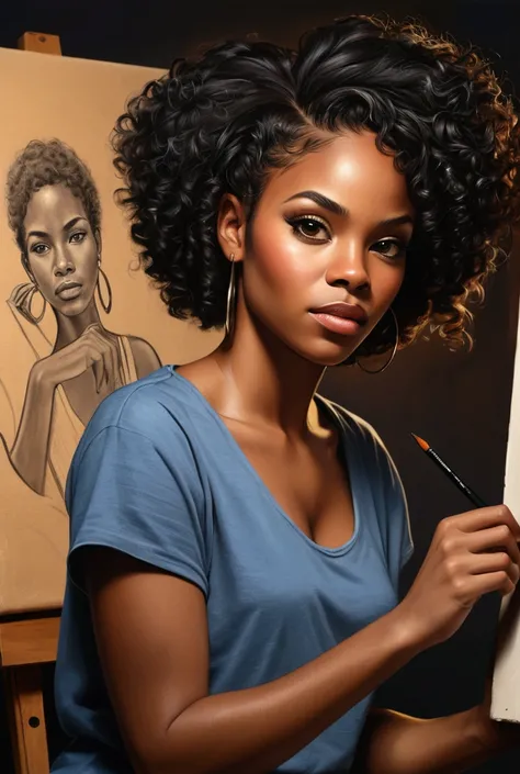 Black woman drawing on a canvas High resolution, 