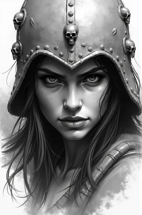 Face of a female warrior wearing a helmet with small skull details ,wild image in sketch style 