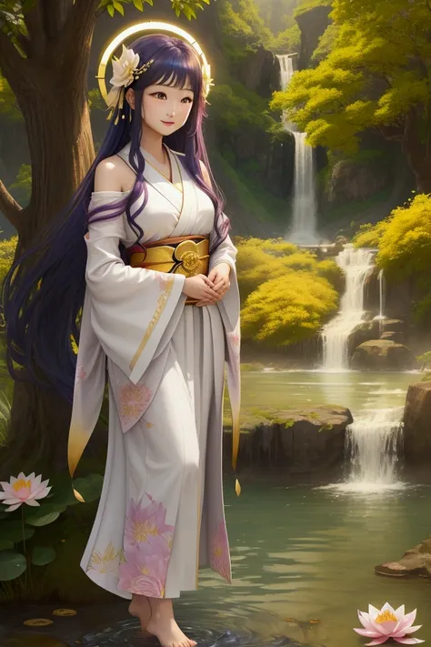 lute、smile、waterfall、lake、Beauty、Body facing forward、Looking at the camera、Hands clasped in front of you、The gods with golden background emit bright light.、vivid、kimono、Decorations、Long Hair、wind、Lotus flower、White Snake、Halo、Digital Art、The light also hit...