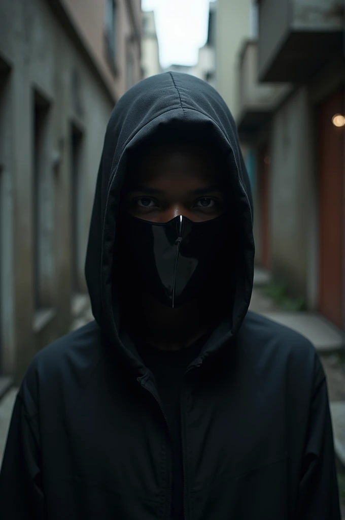 Black male teen with full face mask covering eyes nose and mouth 