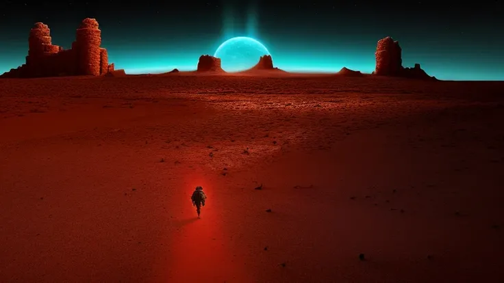 a flat desert of red sand, ruins of an ancient city, night, dark atmosphere, a soldier walks from behind, a mountain of red sand in the distance, a turquoise-blue planet high in the sky, a giant tower in the distance that glitters, dark atmosphere, H.R. Gi...