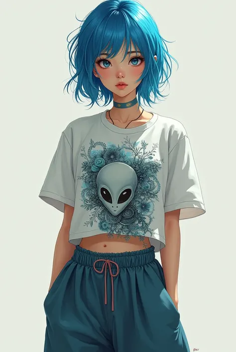 Realistic asian woman with BLUE hair baggy pants and a alien t-shirt portrait