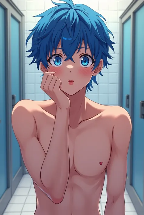 Anime naked black boy with short curley blue hair in face with blue eyes blowing kiss at you at the bathroom in school