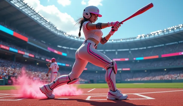 Realistic images, Very realistic, Very beautiful Japan, Famous Japanese idols, 20 years old, Drama scene, Masterpiece, Beautiful eyes, (Dressed in a cyberpunk robot costume with a neon marker pen:1.5), (She is playing an exciting baseball game at a large s...