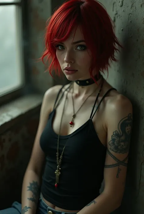 Create a 1970s style dark fantasy image of a woman with short red hair, She has several piercings on her face. His eyes are brown, his hair reaches the end of his ears and is cropped. she is goth. wearing a light black tank top and ripped jeans 