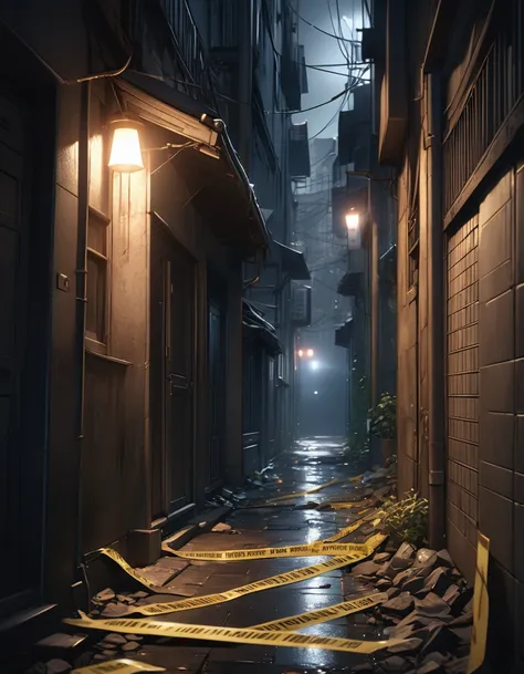 a dark alleyway at night, police tape surrounding the scene, mysterious anime style, moody dark atmosphere, dramatic lighting, highly detailed, cinematic composition, hyper-realistic, intricate details, 8k, masterpiece