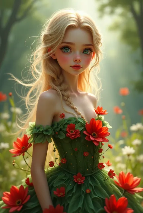 princess, girl, blonde, blue eyes, linda, dress made of red and green flower petals