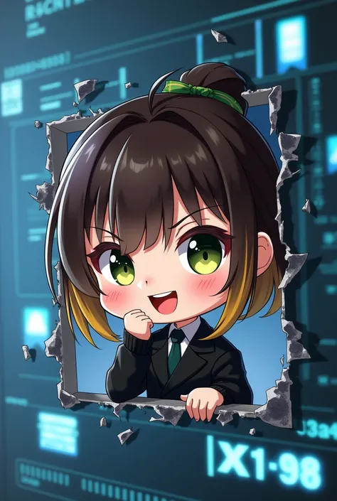 chibi animation girl, brown hair with yellow highlights, dark green eyes, light skin tone, sharp teeth, that he has a black suit. That is attached to the screen as if it wanted to break it, Your hands should be flat on the screen and your cheek too. 