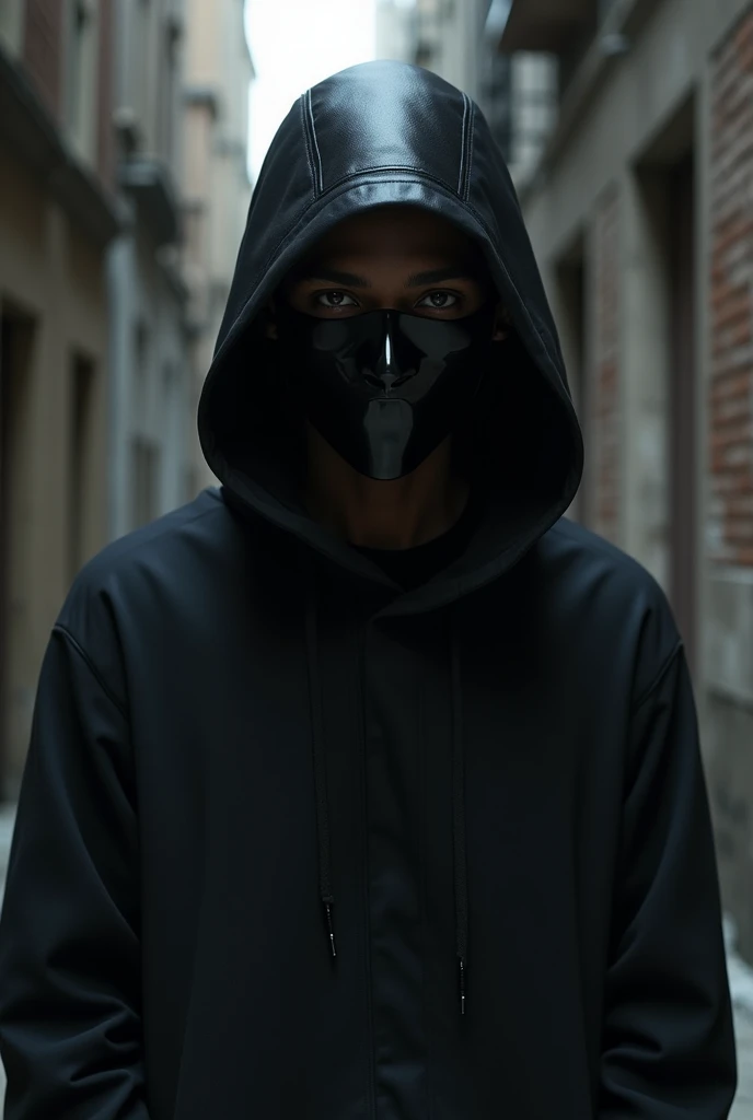 Black male teen with full face mask covering eyes nose and mouth 