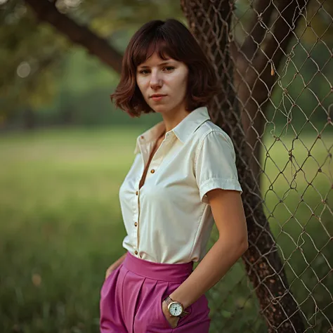 A young beautiful girl, short brown hair, mira seria a la cámara, sin escote, ropa estilo de los 70s,white short-sleeved blouse, reloj de metal en la muñeca, magenta pink pants, pantalón acampanado, de pie, leaning on a wire mesh, behind the mesh there is ...