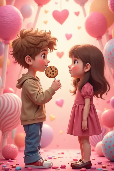 17-1 teenage boy with light brown curly hair biting a lollipop  (chocolate chip cookie in the shape of a toothpick) and looking at a short girl of his age with brown hair ...with pink background with lollipops and love hearts 