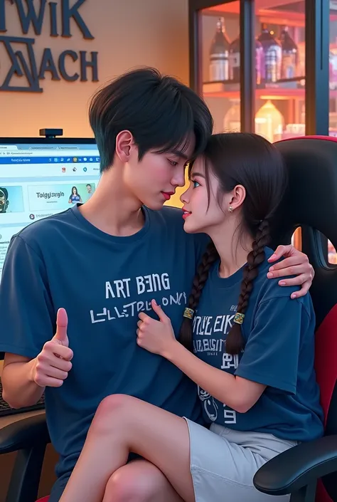 beautiful Korean woman with two braids, blue eyes, wearing a dark blue Persib football team t-shirt text"persib Tiwik Ajach" wearing a white skirt sitting on a creator&#39;s chair accompanied by a handsome Korean man wearing a blue t-shirt text "art bing g...