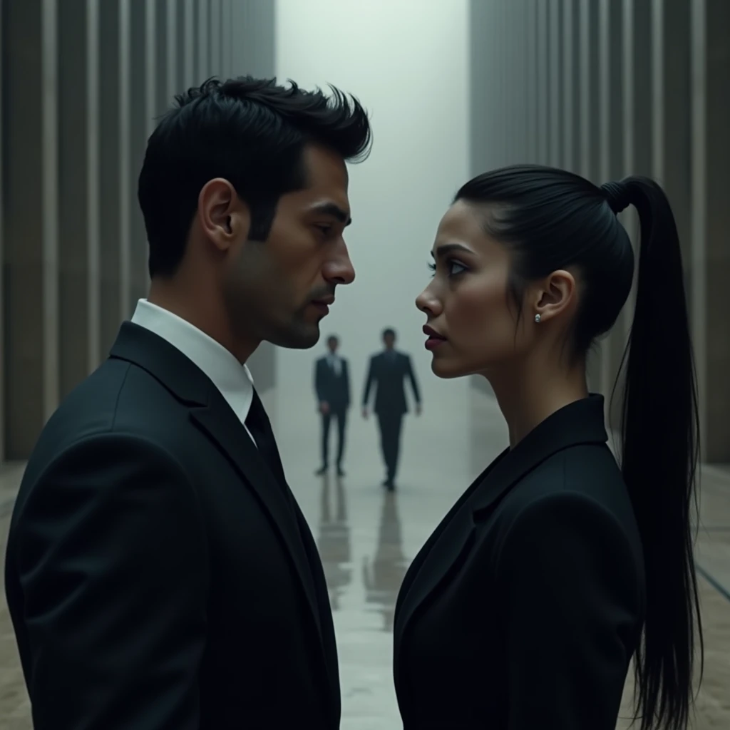 2 man, BLUE-GRAY eyes, black hair, well-defined features, He is wearing a black suit, muscular, He is standing in a huge hall, and in front of him a 2 woman, very light brown eyes, with a black suit, Long black hair tied back in a high ponytail, unpainted ...